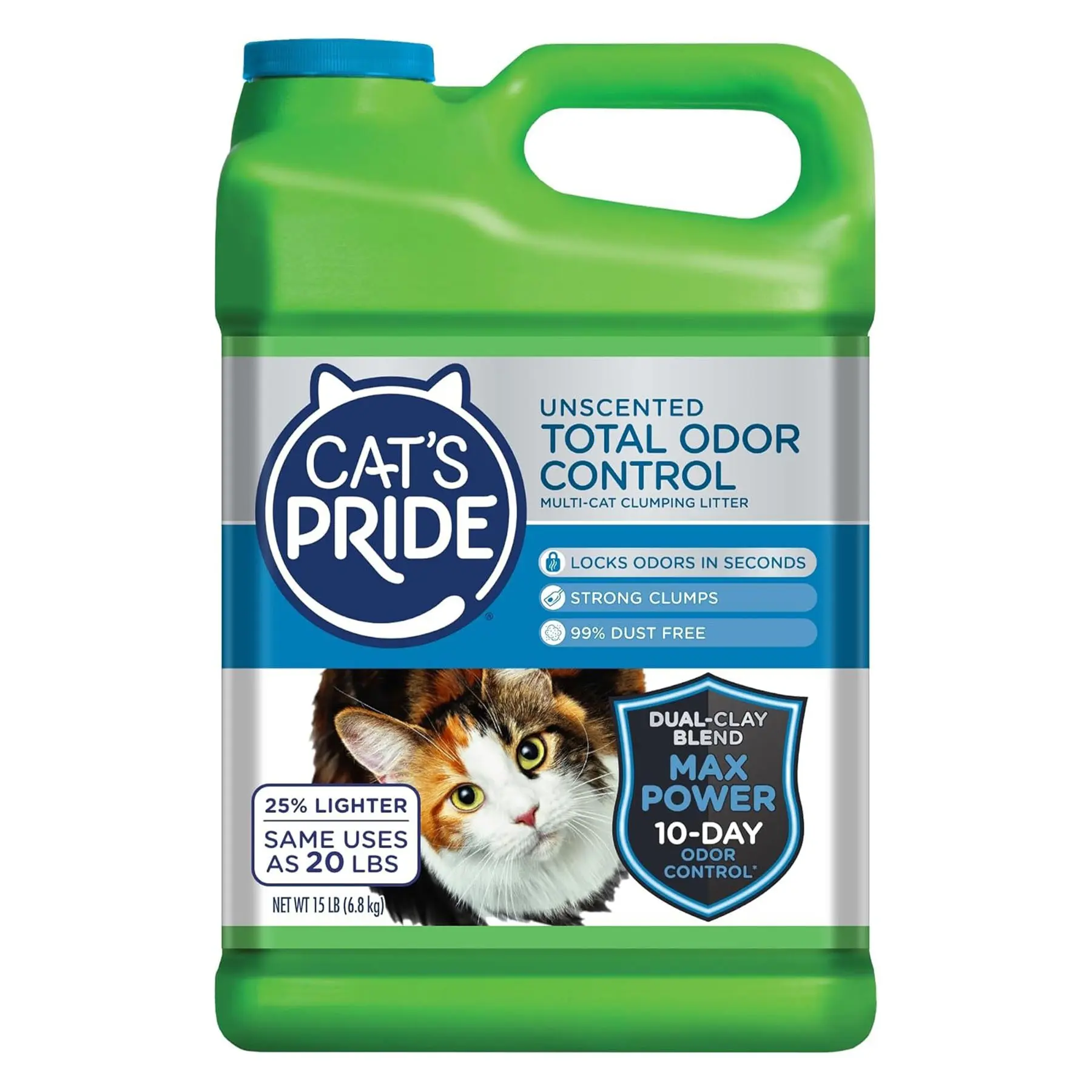 Cat's Pride Max Power: Total Odor Control - Up to 10 Days of Powerful Odor Control - Strong Clumping - Hypoallergenic - 99% Dust Free - Multi-Cat Litter, Unscented, 15 Pounds