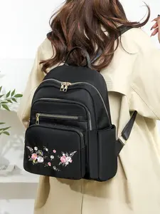 Women's Embroidered Shoulder Bag, Lightweight Fashionable Large Capacity Travel Backpack, Zipper Backpack, Oxford Cloth Computer Bag, Simple Student Bookbag, Backpacks Women