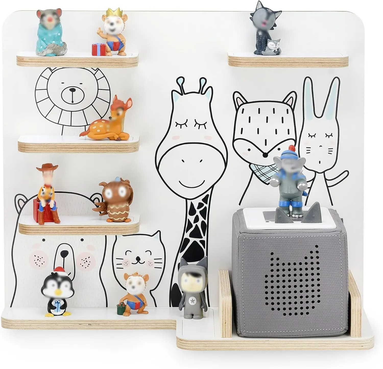 Wooden Shelf for Music Box Suitable for The Toniebox and ca. 35 Tonies, Perfect Storage for Children's Room, Can be Set up or Hanging (Medium, Friends)