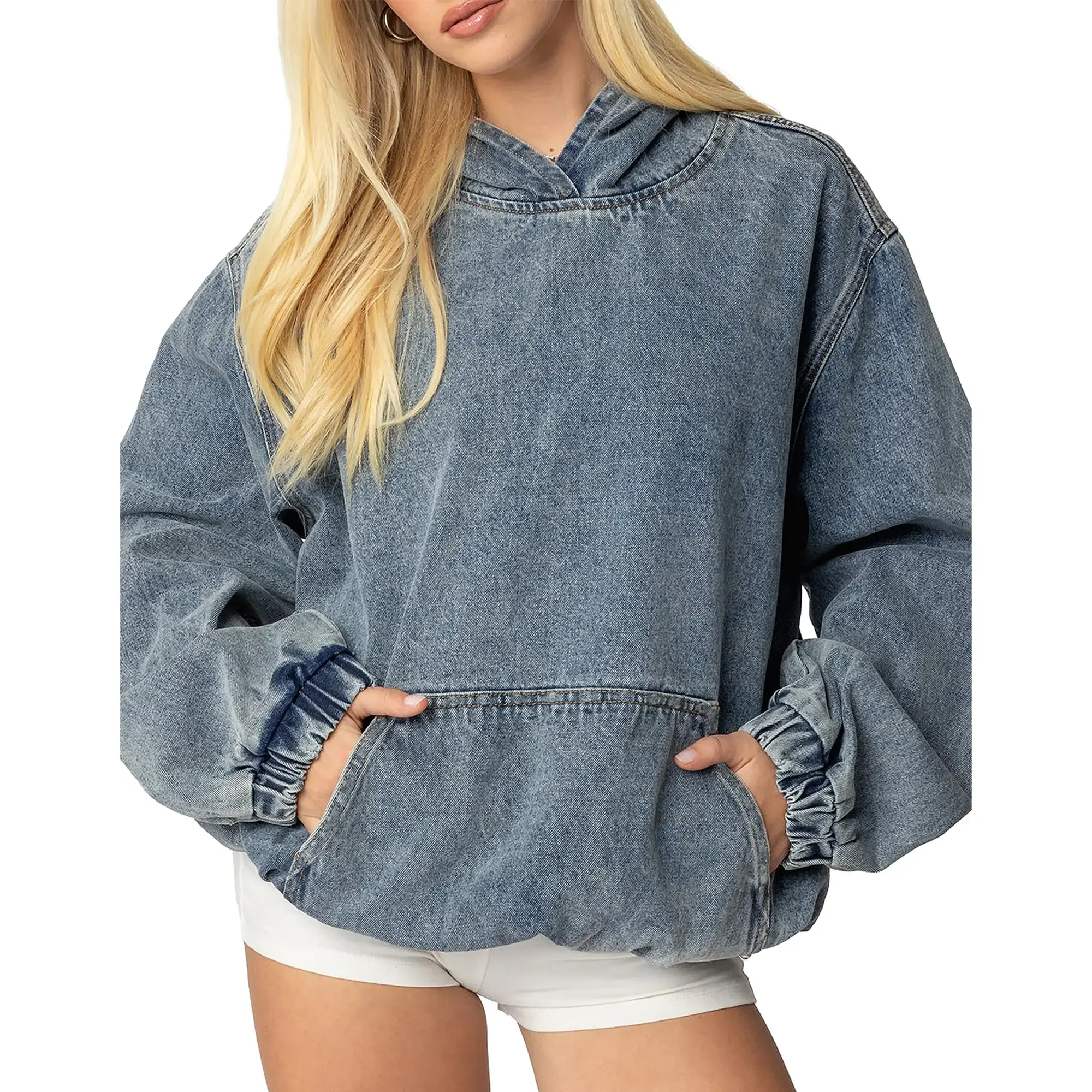 Women's Soft Vintage Denim Hoodie Sweatshirt, Oversize Long Sleeve Pullover Top with Pocket for Fall Streetwear, Comfortable