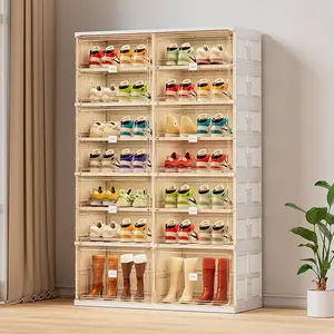 JEKO&JEKO 7 Tiers Double Row Foldable Boot and Shoe Storage Rack Cabinet for Closet Entryway, Large Collapsible Shoe Organizer with Magnetic Doors (White)