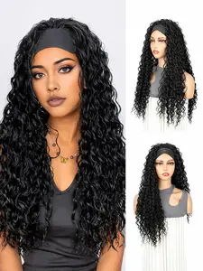 Bigtrse Long Wavy Hair Band Wig, Synthetic Wigs, No Glue Easy Wear, Glueless Wig, Fluffy Small Curls, High Temperature Fiber, Breathable Full Head Cover, Beginner Friendly