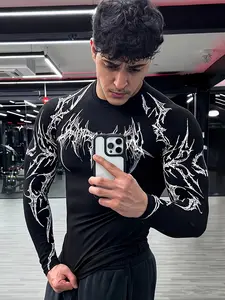 Men's Gothic Thorn Print Long Sleeve Sportswear, High Elasticity Quick-Dry Compressive Fabric, Slim Fit Muscle-Enhancing Design