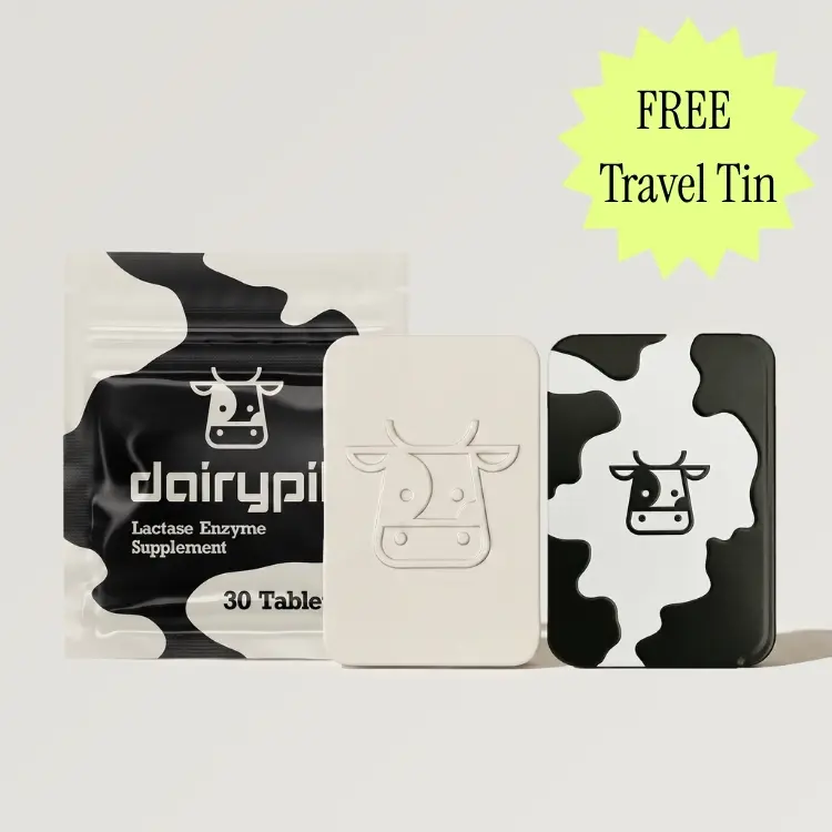DairyPill + Travel Tin Case | Lactase Enzyme Pills 18,000 FCC - 30 Ct, Prevent Bloating Gas, Supplement for Lactose Intolerance