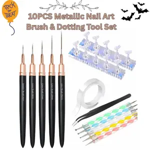 10PCS Metallic Nail Art Brush & Dotting Tool Set – Liner Brushes, Nail Holder & Stand for DIY Nail Painting & Salon Nail Art Design