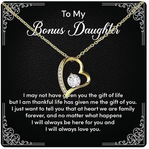 To My Bonus Daughter Necklace, Gifts For Bonus Daughter, Step Daughter Necklace From Stepmom, Stepdad, Jewelry For Bonus Daughter Heart Pendant Cubic Zirconia