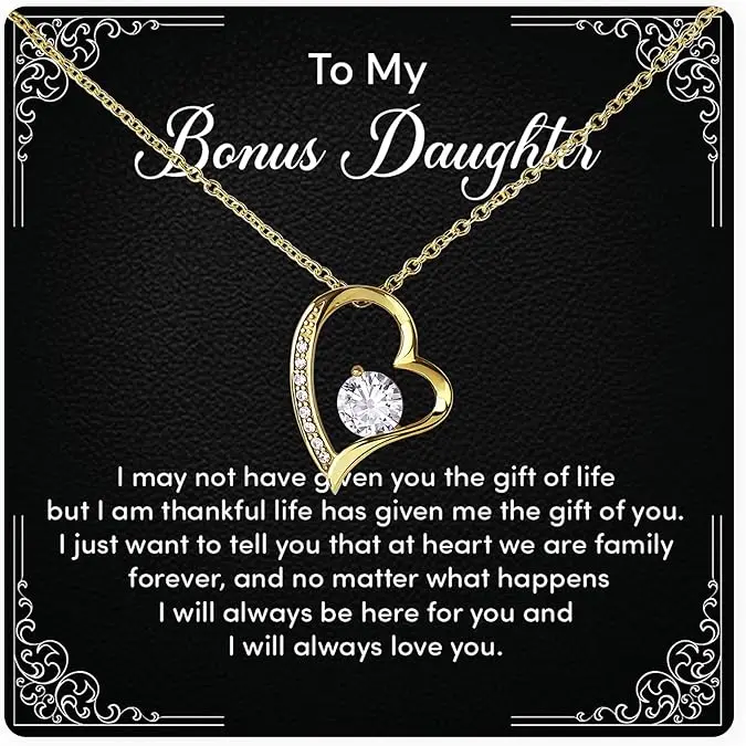 To My Bonus Daughter Necklace, Gifts For Bonus Daughter, Step Daughter Necklace From Stepmom, Stepdad, Jewelry For Bonus Daughter Heart Pendant Cubic Zirconia