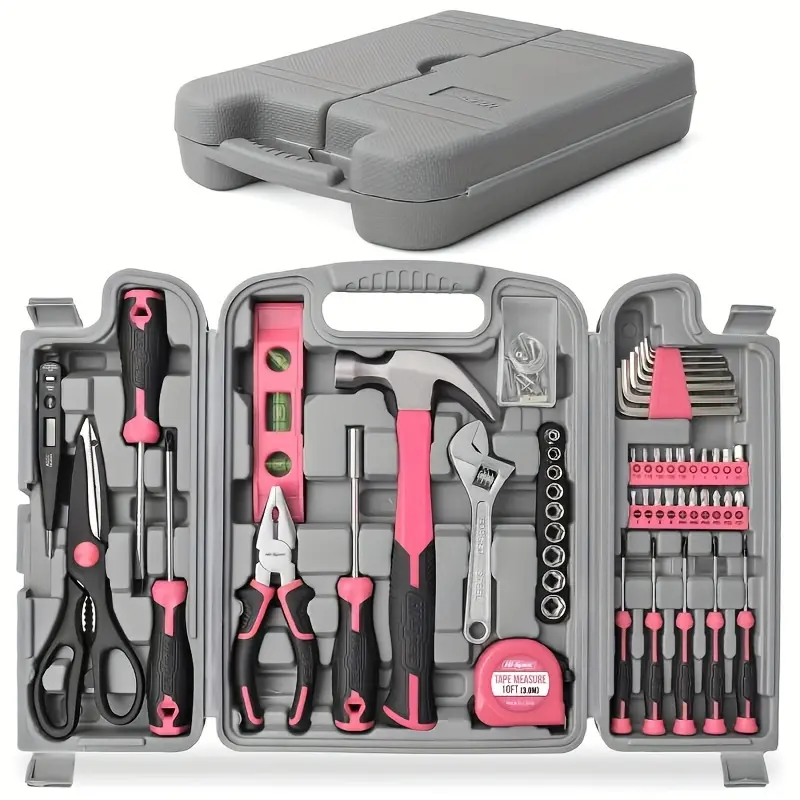 Ladies' Pink Basic Compartment Hand Tool Kit - 24pcs/54pcs with Portable Storage Toolbox Case, Compartment Tool Kits for Home & Garage Use