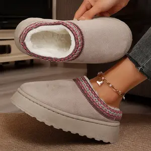 Women's Platform Slippers Faux Leather Suede Fuzzy Cozy Slip-on Snow Boots Winter Warm Comfy Outdoor Indoor