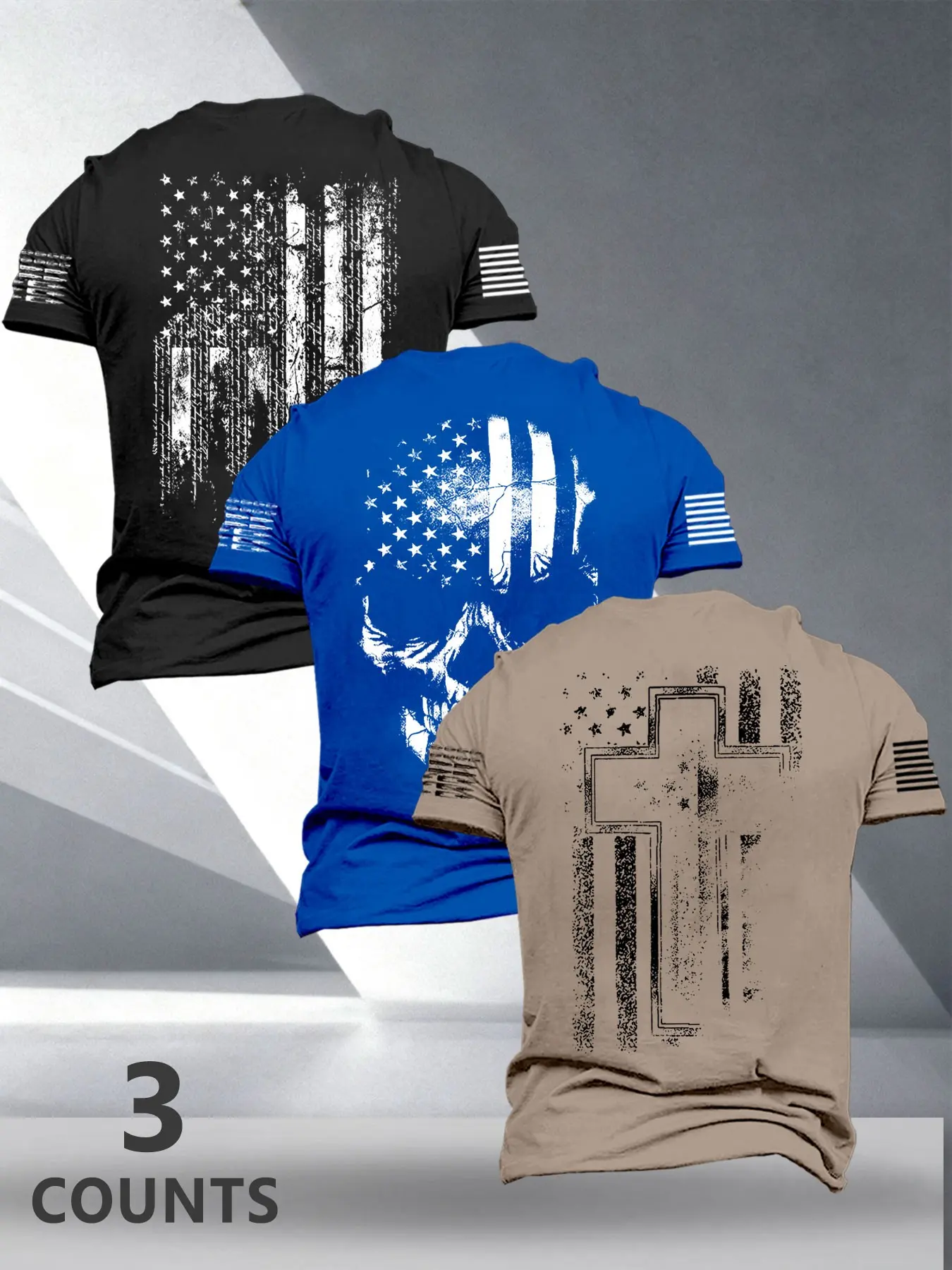 Men's Street Style Casual Fashion Streetwear Three-Piece Set, Flag Print Short Sleeve T-Shirts, Loose-Fitting, Perfect for Daily Wear, Outdoor Activities and Menswear