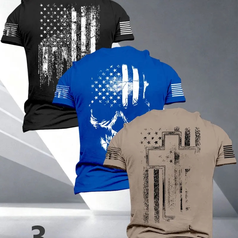 Men's Street Style Casual Printed Fashion Three-Piece Set, Flag Print Short Sleeve T-Shirts, Loose-Fitting, Perfect for Daily Wear, Outdoor Activities and Menswear