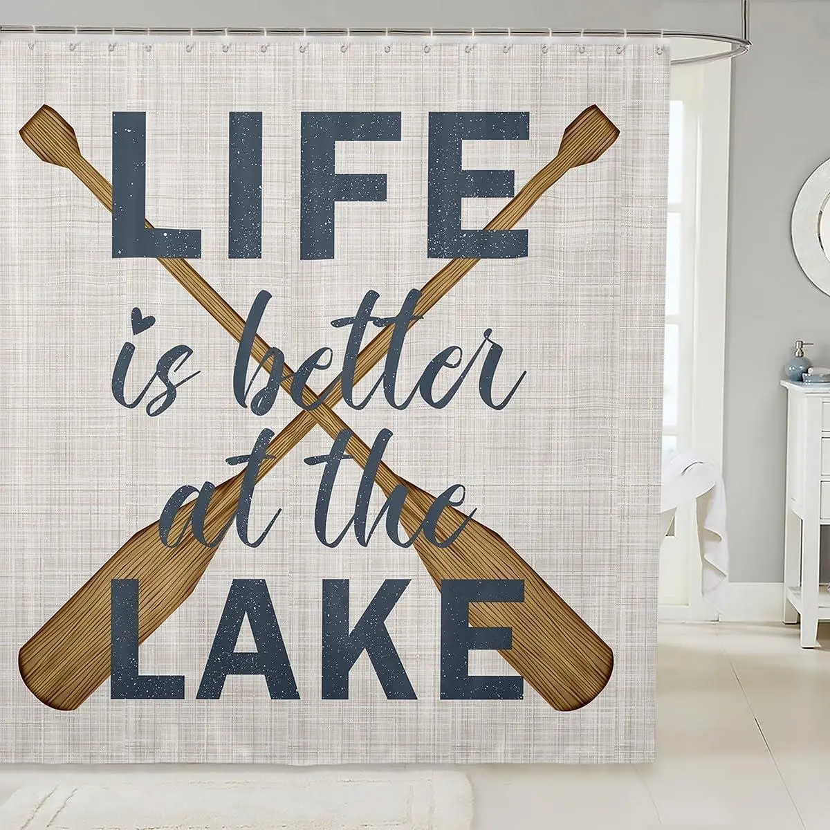 Feelyou Fun Lake Life Print Shower Curtain, Multi-Size with 72" W x 78" L Option, "Life is Better at The Lake" Retro Rustic Oar Pattern, Waterproof Lightweight Machine-Washable, Cute Kids' Bathroom Decor, 12 C-Hooks, Gym Room Accessories