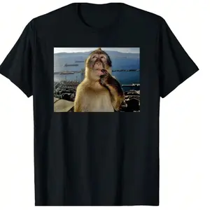 Thinking Monkey Meme American Retro Black Short-Sleeved Unisex T-Shirt, Hilarious Animal Graphic, Casual Streetwear for Comedy & Meme Enthusiasts, Unique Quirky Pop Culture Statement Piece funny crewneck menswear Shortsleeve Print