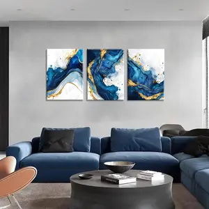 3Pcs Blue Gold Abstract Canvas Wall Art Modern White Blue Gold Foil Wall Decor Pictures Navy Blue and Gold Luxury Marble Posters Prints for Living Room Bedroom Home Decoration 16x24in Ornaments Artistic Photo