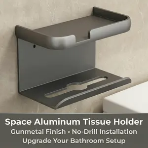 Gunmetal Space Aluminum Toilet Paper Holder with Shelf – No Drill Wall Mount, Anti-Slip Phone Stand, Rustproof Bathroom Tissue Holder