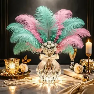 12 Pcs Faux Ostrich Feathers – Wedding Centerpiece Decorations, Vase Fillers, and Party Decor – 12–14 Inches – Mint Green & Pink Set (6+6) – Soft & Fluffy