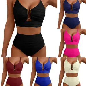 Hollow Out High Waist Underwear and swimsuits Set Textured Ruched Two Piece Swimsuits for Women