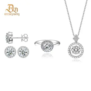 【Halo Set】Delzzad Halo of Eternal Light Set Halo Stud Earrings Ring Necklace Synthetic Moissanite S925 Jewelry Set Perfect Birthday Engagement Wedding Anniversary Christmas Gifts Luxurious Black Set