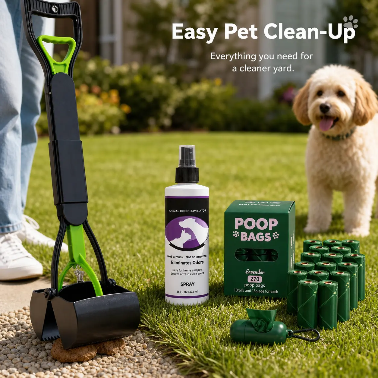 3-in-1 Dog Poop Cleanup Set - Scooper, Bags, Odor Spray for Small Dogs | Lightweight Neater Pet Cleaner for Gravel, Grass, Lawn Heavy Duty Pooper Scooper Profile Tall nontoxic products Adjustable Pooper Scooper Kit cleaning