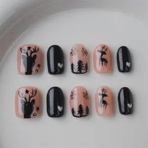 Christmas Black Elk Heart Tree Press On Nails,Handmade Short Square,Party Wedding Nails,Preppy Manicure,Birthday Gifts