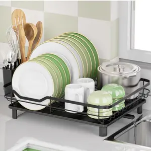 Stainless Steel Dish Drying Rack with Drainboard and Utensil Holder, Rustproof Sturdy Drainer for Kitchen Counter, 16.2"(L) x 12.6"(W), Black
