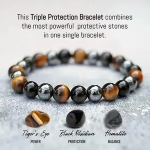 Natural 8mm Triple Protection Women's Bracelet Tiger Eye Obsidian Hematite Grounding Anxiety Relief Healing Crystal Jewelry Gift