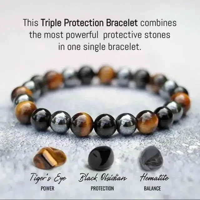 Natural 8mm Triple Protection Women's Bracelet Tiger Eye Obsidian Hematite Grounding Anxiety Relief Healing Crystal Jewelry Gift