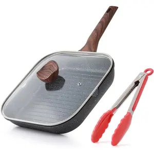 Nonstick Grilling Pan with Lid for Stove Tops, 9.5 Inch Square Grill Pan for Indoor Cooking, Granite Coating Grill Skillet with Pour Spouts, Versatile Griddle, Induction Steak Pan, PFOA Free