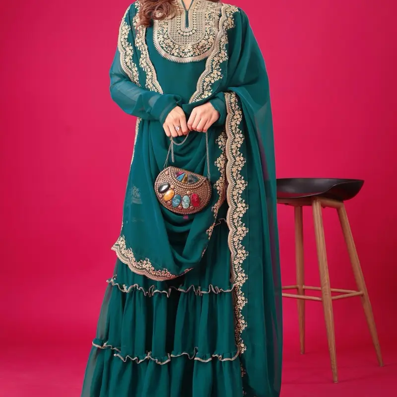 Womenswear Designer Collection In Blooming Faux Georgette with Heavy Embroidery Sequence, Top-Bottom & Dupatta Set Fully Stitched Ready to Wear - Clothes
