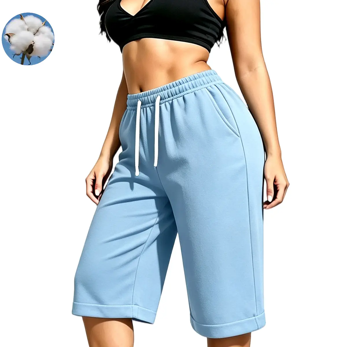 Women’s drawstring waist athletic casual stretch capri pants/joggers, solid color, comfortable wide-leg design with pockets—suitable for home wear, outings, and exercise.