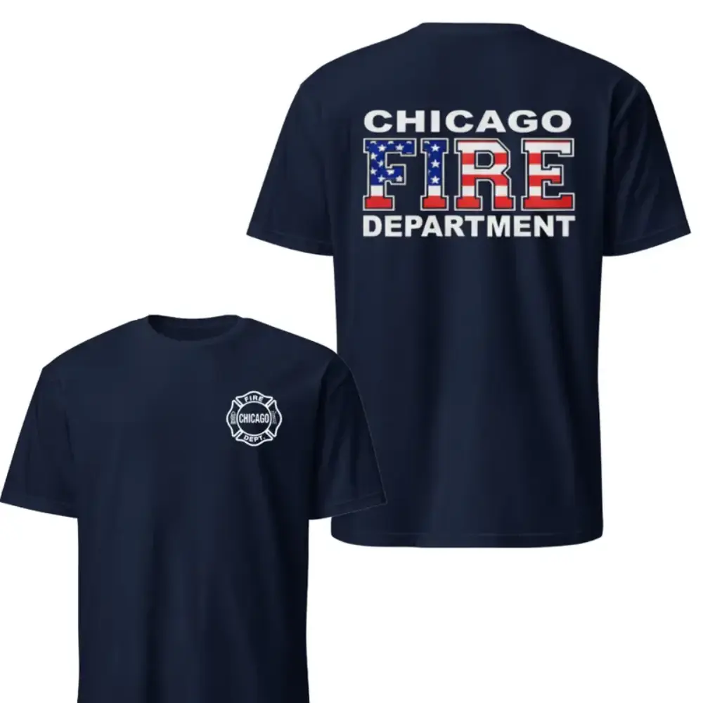 Chicago Fire Department Patriotic T-Shirt, American Flag Firefighter Graphic Tee, Soft Cotton Blend Shirt, First Responder Apparel for Men & Women, Firefighter Pride Gift Idea