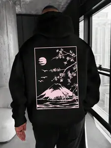 Men's Japanese Fuji Mountain Pattern Hoodie, Casual Loose-Fit Long Sleeve Pullover with Pockets, All-Season Fashion Sweatshirt