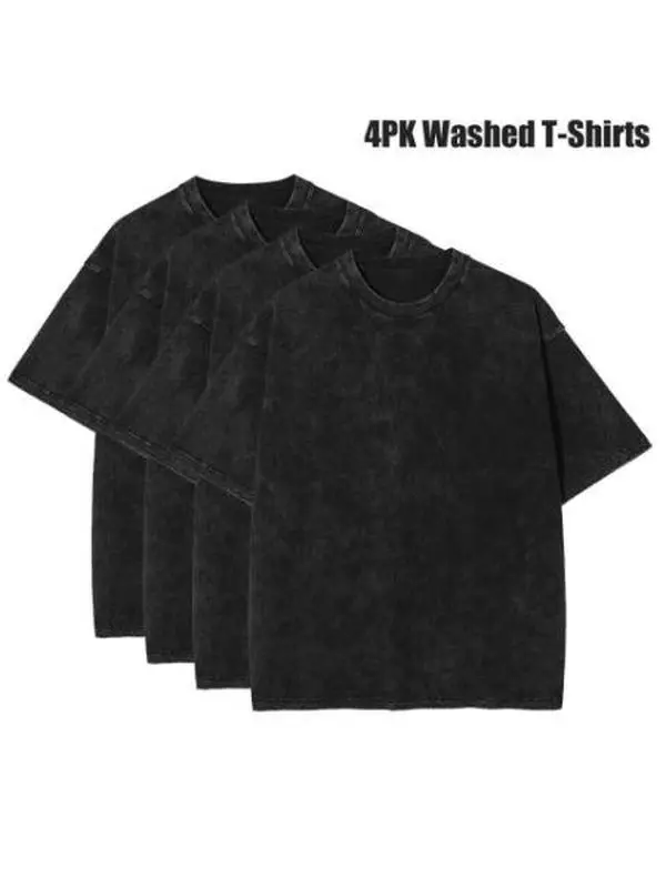 Men's 4-Pack Retro T-Shirts, Vintage Washed Heavyweight 100% Pure Cotton Tees, Solid Color Oversized Fit for Gym & Casual Wear, Loose Fit Crew Neck Men's Short-Sleeve T-Shirts, Round Neck, Menswear, Top, Tshirt