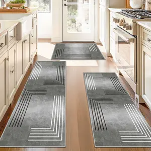 Modern Simple Kitchen 3-Piece Set, Easy-Clean & Machine-Washable, Soft Comfortable Geometric Pattern Rug, Ideal for Living/dining Areas