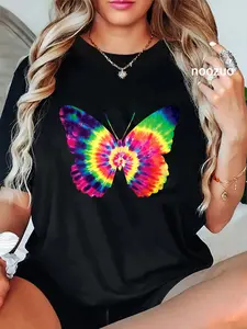 100% Cotton Rainbow Tie Dye Butterfly Tye Die Look Cool T-Shirt