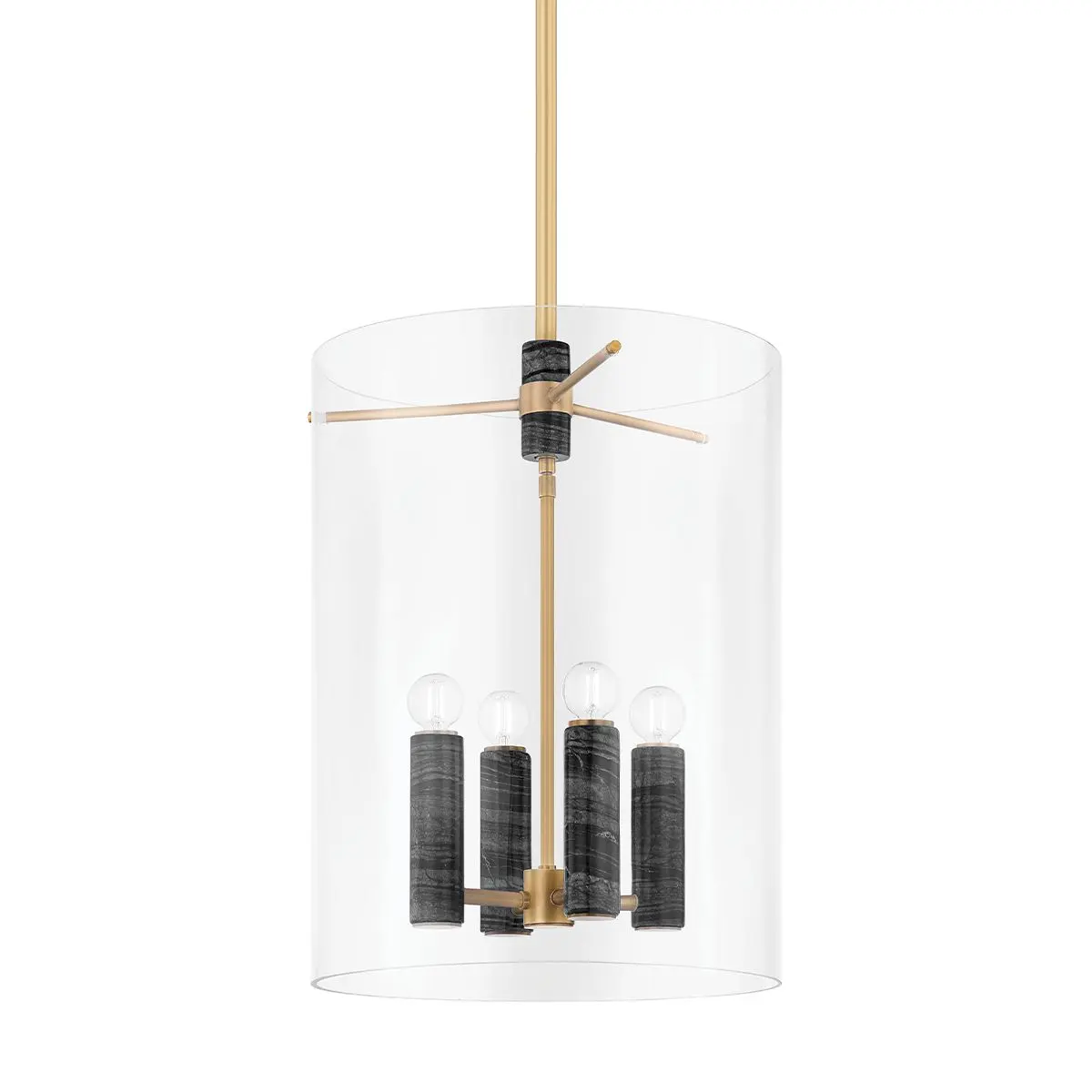 Large Adonis Lantern - Elegant Cylindrical Glass Shade with Honed Nero Madera Marble & Vintage Brass