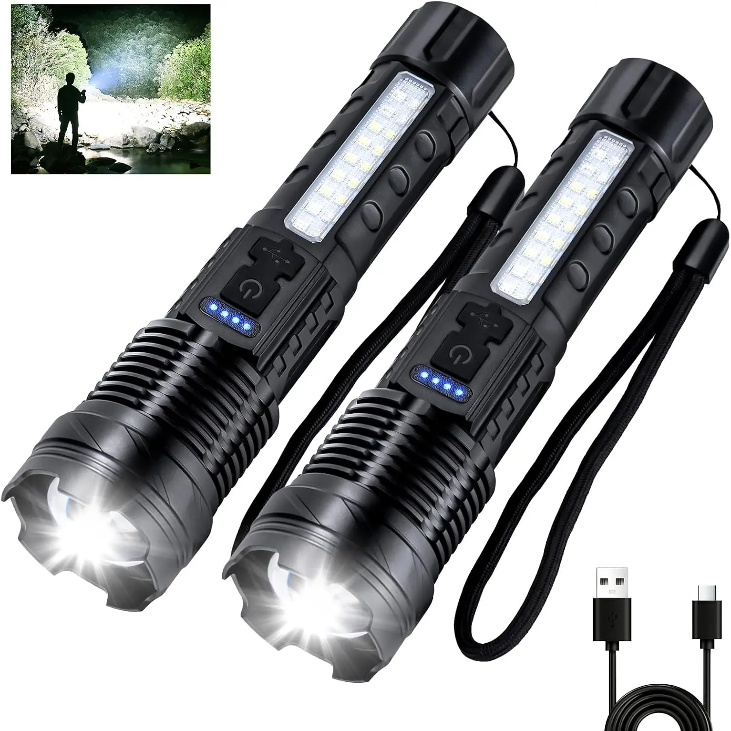 Flashlight High Lumens Rechargeable 2 Packs, 1,000,000 Lumens Super Bright  LED Handheld Flashlights with 7 Modes, COB Side Light, USB C, Zoomable, for  - TikTok Shop