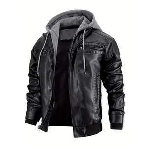 Men's Premium Faux Leather Jacket, with Zipper Pockets and Drawstring Hood - Vintage Style, Non-Stretch Fabric Menswear Coats Tops Long Sleeve Casual jacket jackets western clothing business casual tops