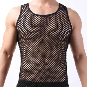 Fishnet Men Sexy Mesh Tank Tops Transparent Sleep Tops Male Underwear Pure Color Vest Sleeveless Tops Underwear Male Undershirt Menswear Bestie