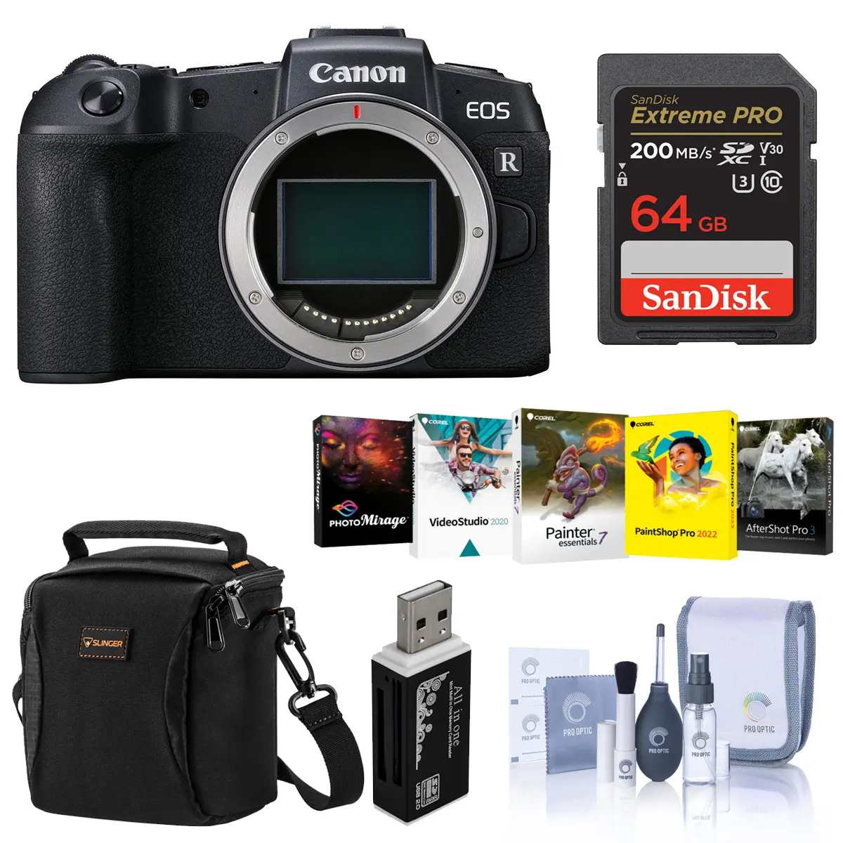 Canon EOS RP Compact Digital Electronic Full-Frame Mirrorless Camera Bundle with 64GB SDXC Memory Card, Camera Case, Cleaning Kit, Card Reader, PC Software Package