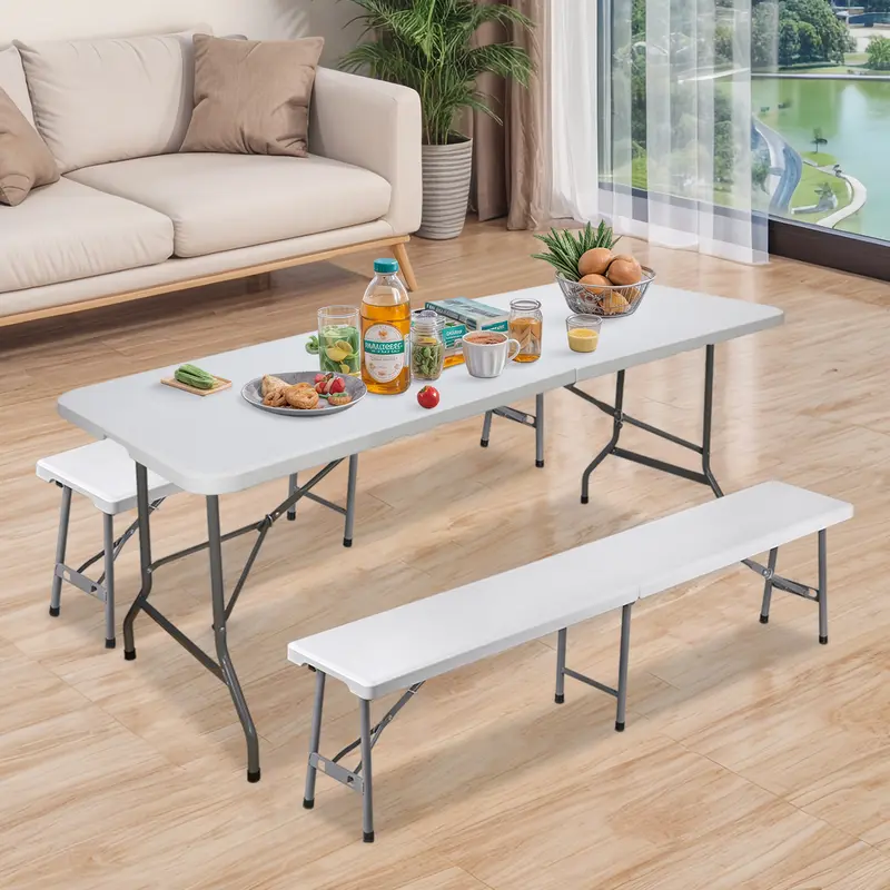 Segawe 6ft Fully Assembled Waterproof HDPE Plastic Folding Patio Furniture Set - 2 Lightweight Benches, 350 lbs Heavy Duty Load, Compact Portable Tables for Outdoor Picnics, Outdoor Table Market Use