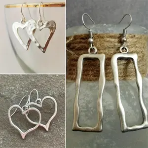 3Pairs Hook Earrings, Silvery Hollow Heart & Irregular Geometry Shaped Dangle Earrings, Retro Simple Earrings, Gift For Lovers, Party Accessories