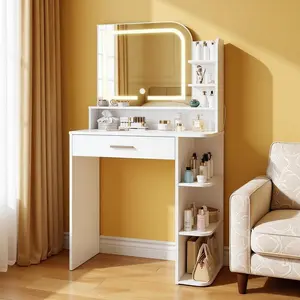Small Makeup Vanity with Chair, 3 Colors Lighted Mirror Vanity Desk, Vanity Set with Power Outlet, Compact Dressing Table for Small Space