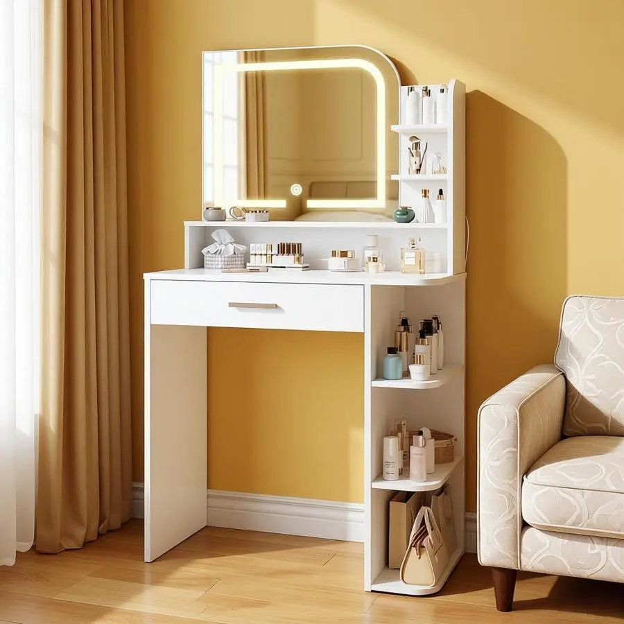 Small   Makeup Vanity Set with Chair, 3-Color Lighted Mirror, Power Outlet, Compact Dressing Table for Small Spaces, Multi-Mode Makeup Vanities