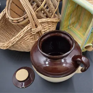 American Pottery Salt-Glazed Bean Pot Early 20th Century Made in USA Classic Design with Lid & Handle Two-Tone Glaze 8" Wide x 6.35" Tall