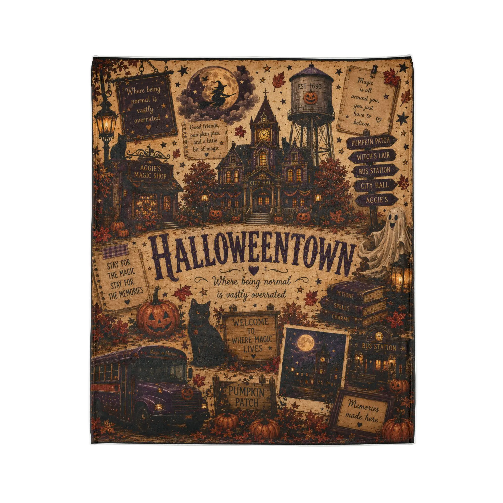 Halloweentown Collage Blanket | Halloween Town Haunted Village Throw