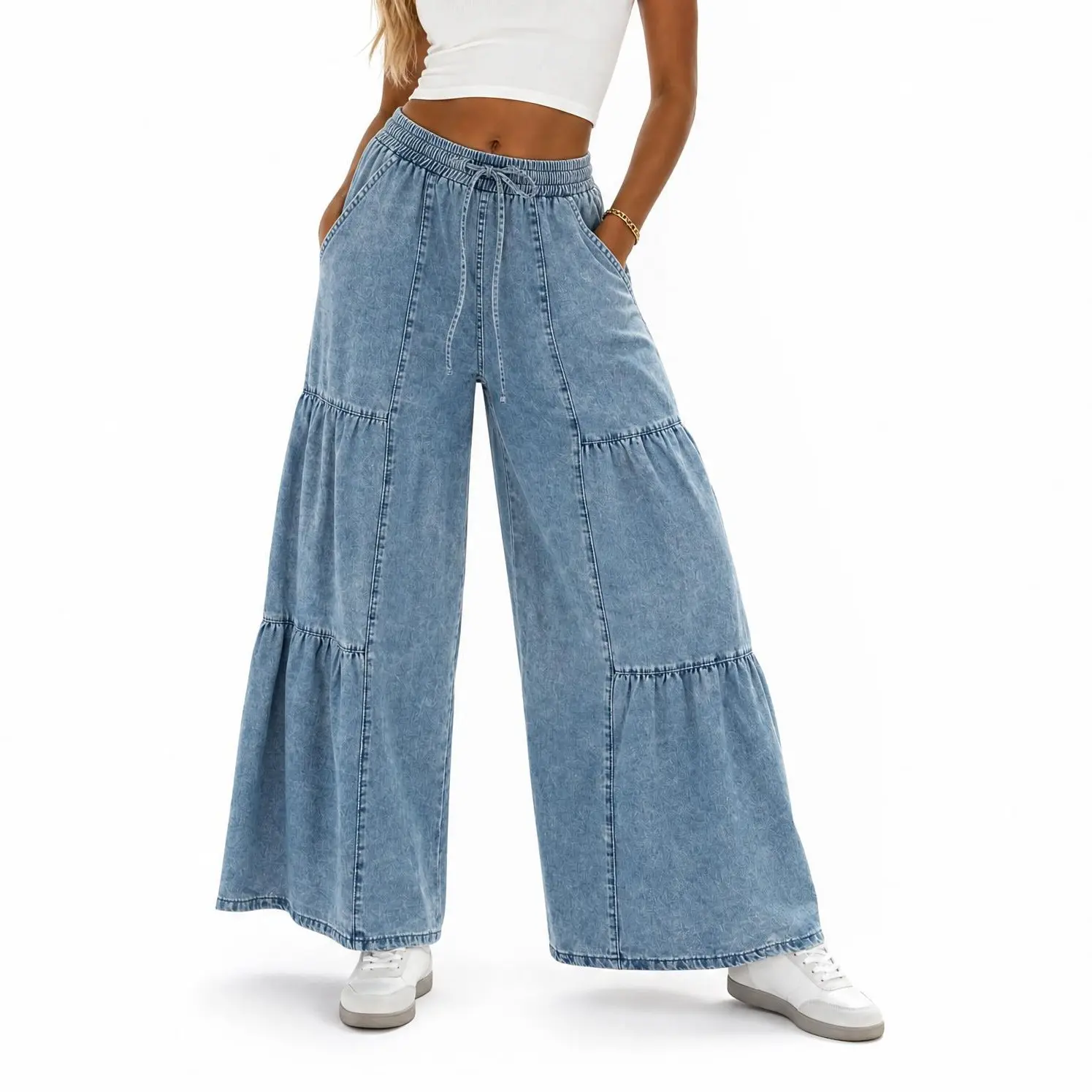 Women Tiered Wide Leg Palazzo Jeans Drawstring Pull On Denim Pants
