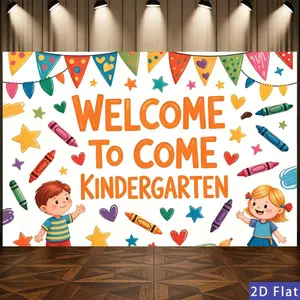 2D Flat Banner Polyester Photography Backdrop, HD Printed Welcome to Kindergarten Theme Background Cloth with Colorful Banners, Crayons, and Cartoon for School Events, Classroom Photo Booth, and Back to School Parties