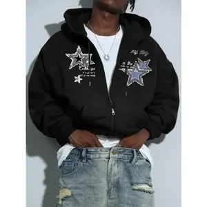 Men's thin zipper hooded sweatshirt with star print, suitable for street fashion atmosphere in spring and autumn, suitable for commuting, sports, camping, travel and casual wear | Perfect gift for boyfriend