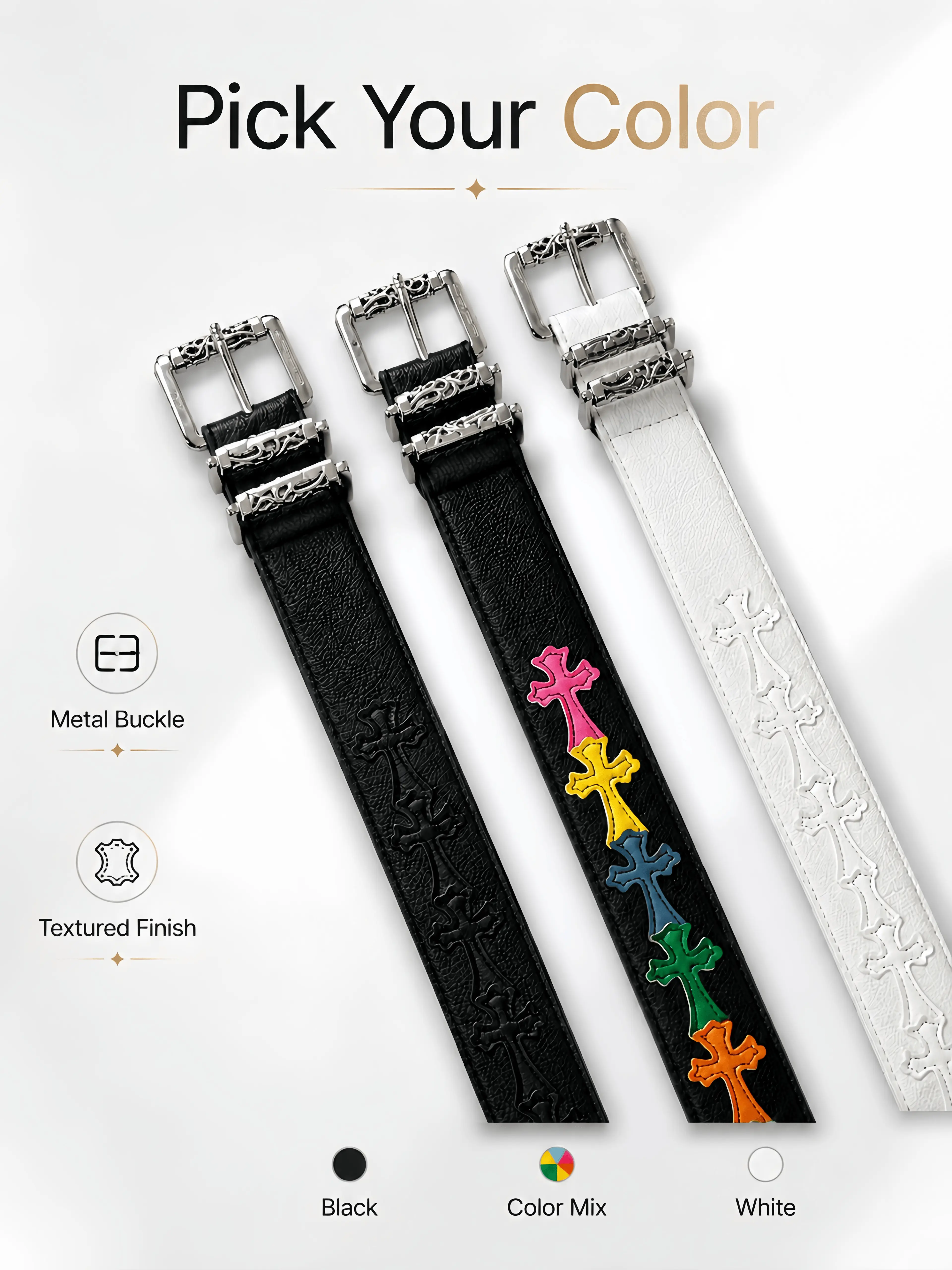 Unisex Pebbled Roller Belt - Casual Trendy Waistband for Male, Female, Anyone Who Likes Expressive Accessories, with Colorful Cross Design, Detailed Metal Buckle for Streetwear Outfits, Belts, Men's Accessories, Cross Accent, 110Cm